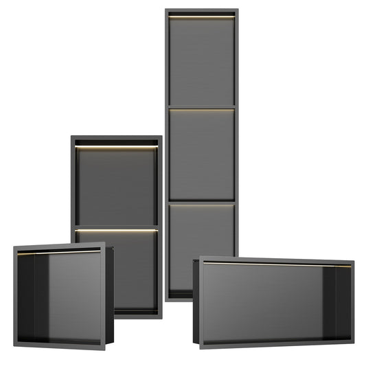 INSL8 Stainless Steel Gunmetal Black Shower Niches – Shelved & Standard Options | With or Without LED Lighting