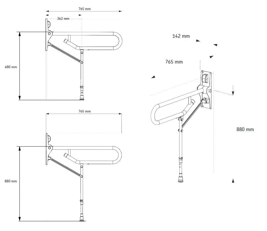 AKW White Folding Support ( Hairpin )Drop Down Grab Rail with Adjustable Leg- (32mm).- Dimensions