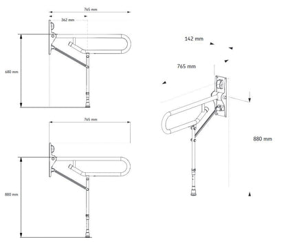 AKW White Folding Support ( Hairpin )Drop Down Grab Rail with Adjustable Leg- (32mm).- Dimensions