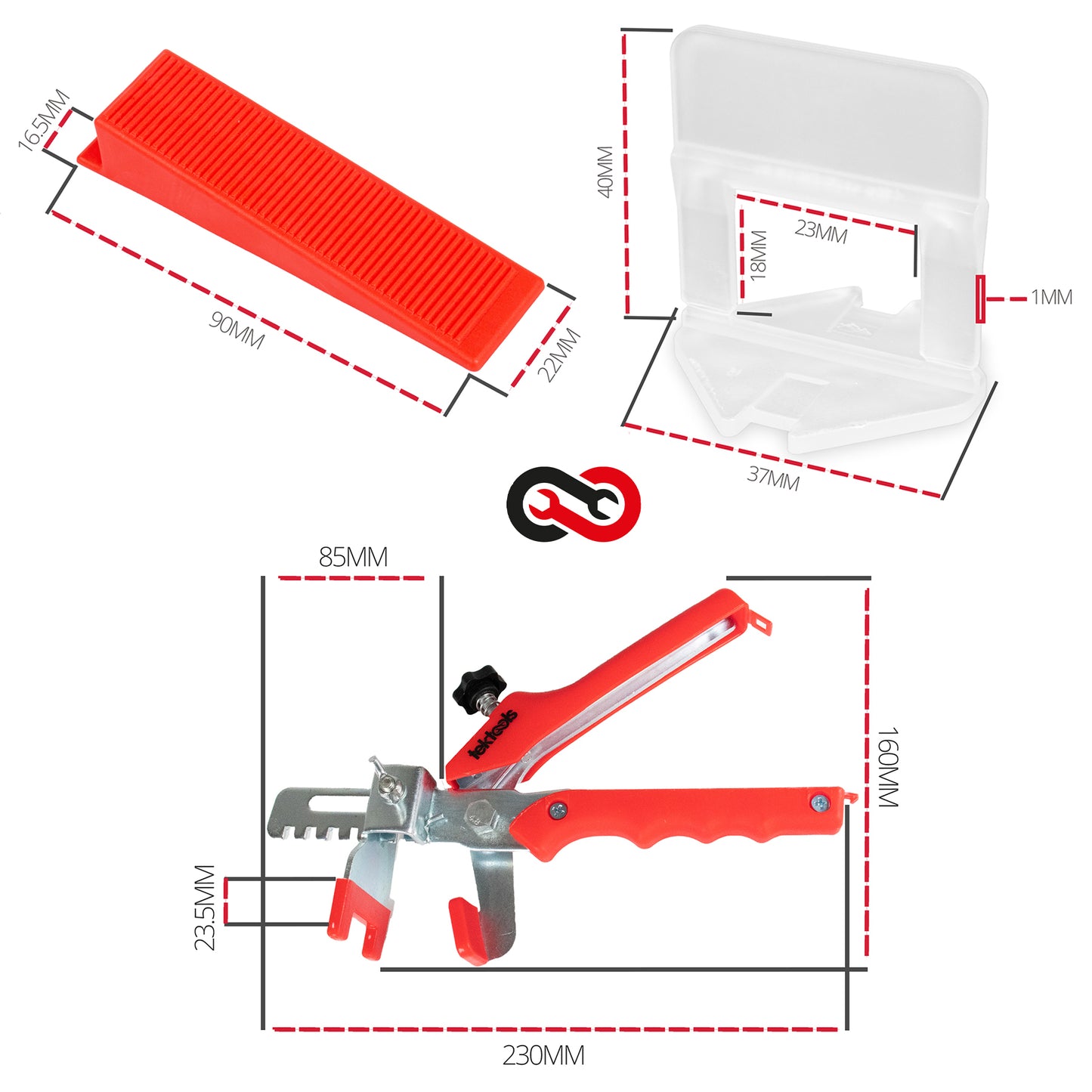 TekTools Tile Levelling System (Spacer Clips, Reusable Wedges, Pliers and a TekTools Drawstring Bag)