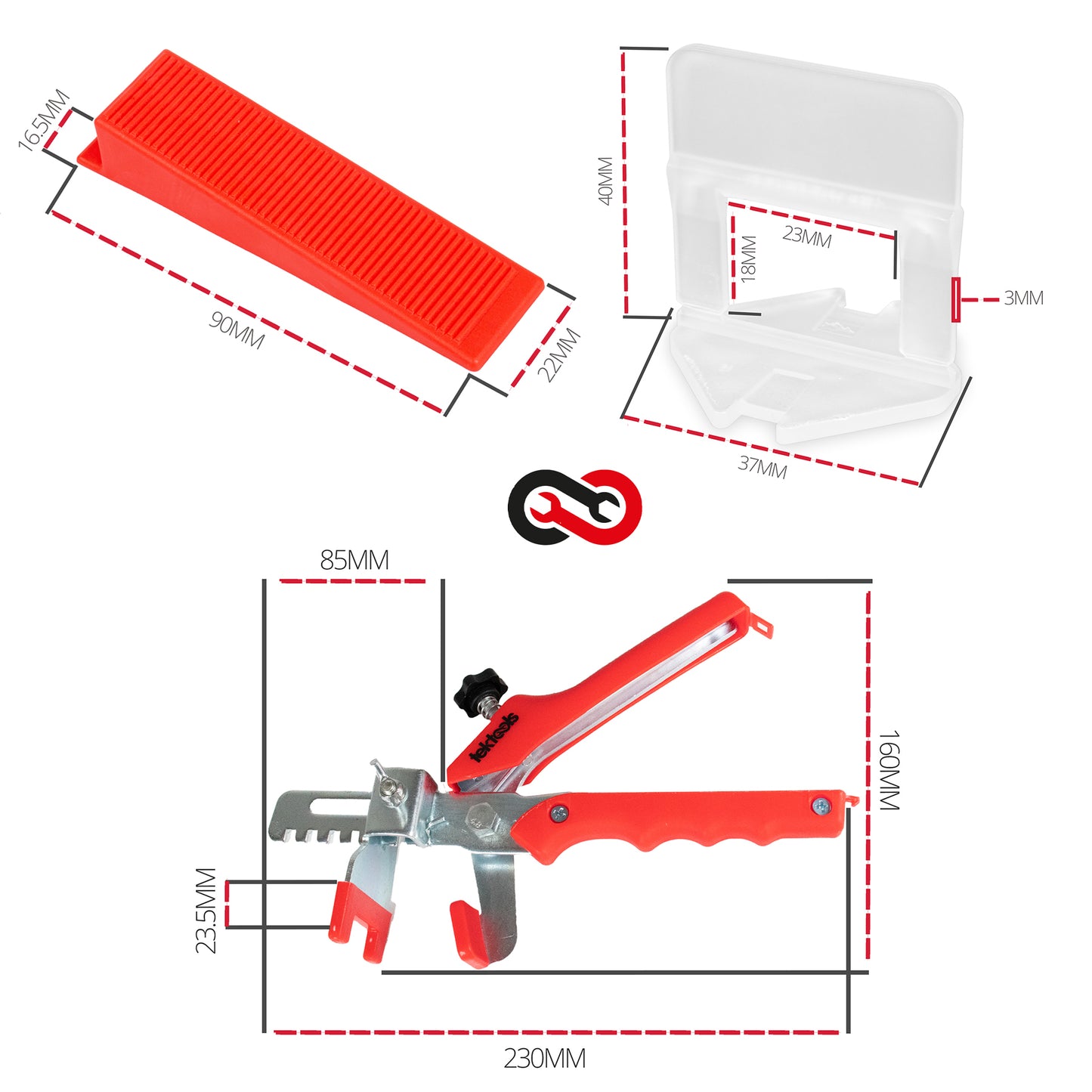 TekTools Tile Levelling System (Spacer Clips, Reusable Wedges, Pliers and a TekTools Drawstring Bag)