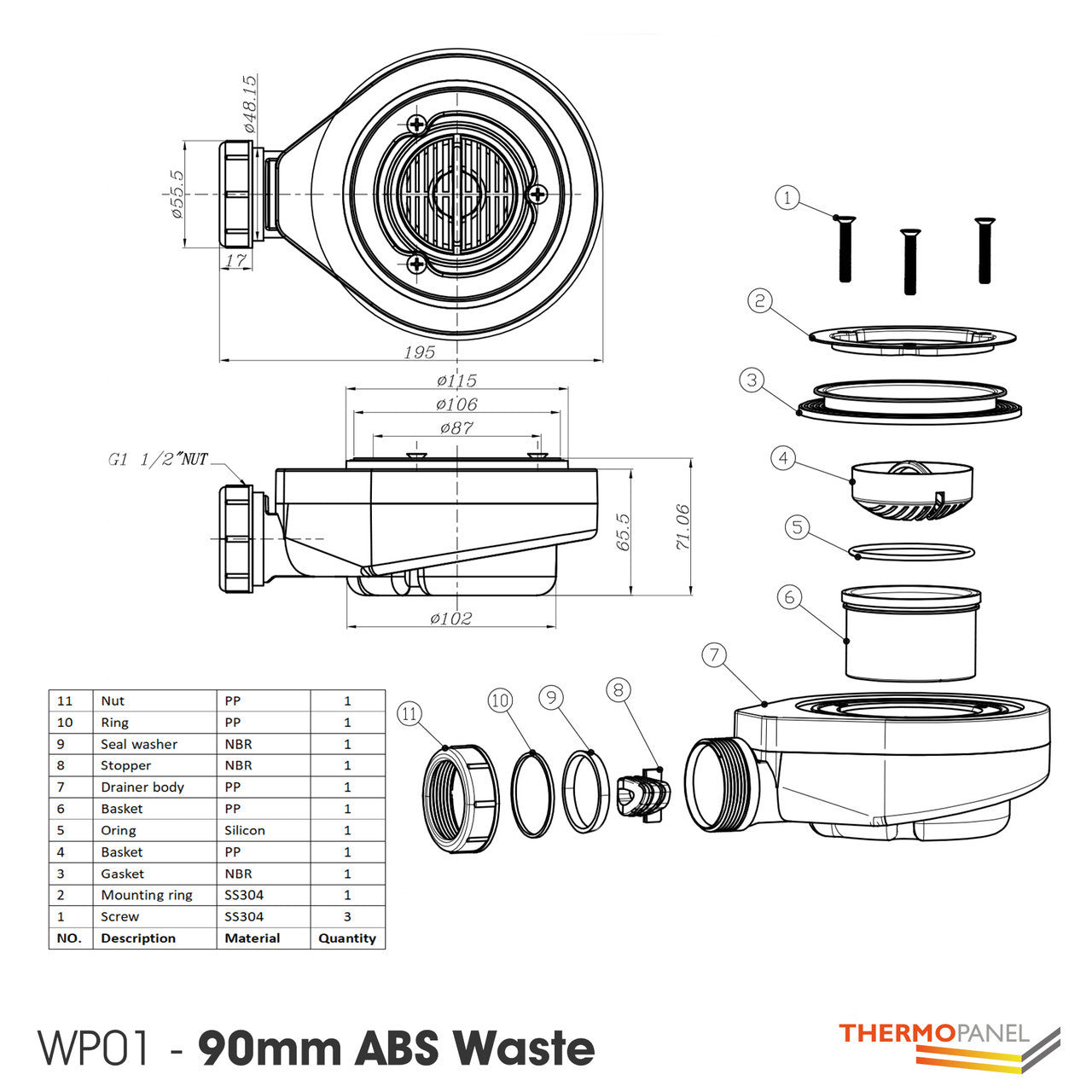 Thermopanel 90mm ABS Waste for SMC Shower Trays