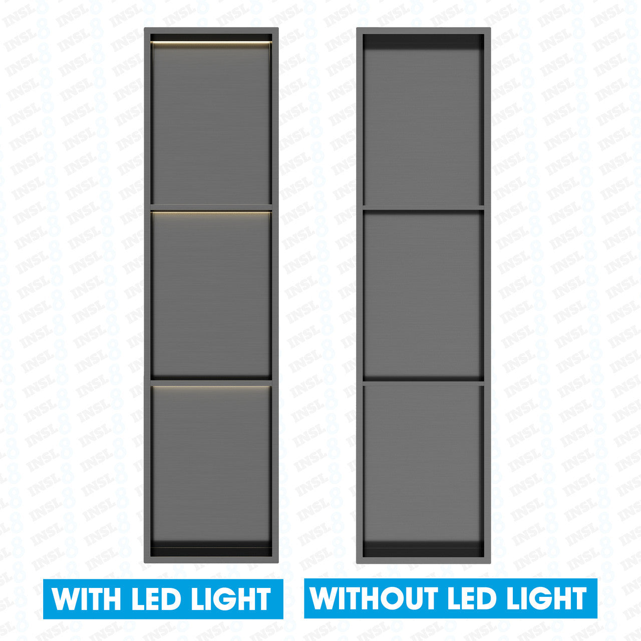 INSL8 Stainless Steel Gunmetal Black Shower Niches – Shelved & Standard Options | With or Without LED Lighting