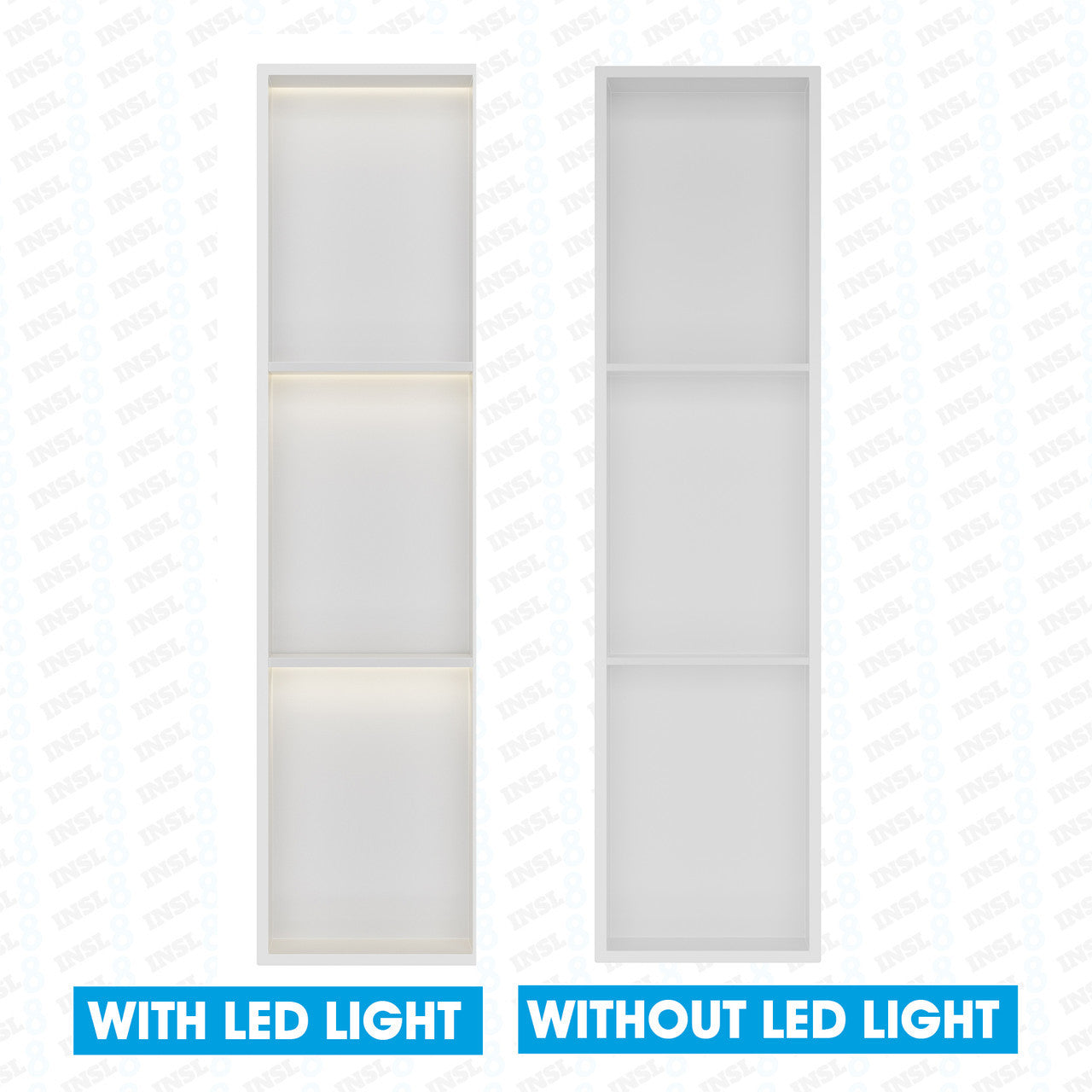INSL8 Stainless Steel Matte White Shower Niches – Shelved & Standard Options | With or Without LED Lighting