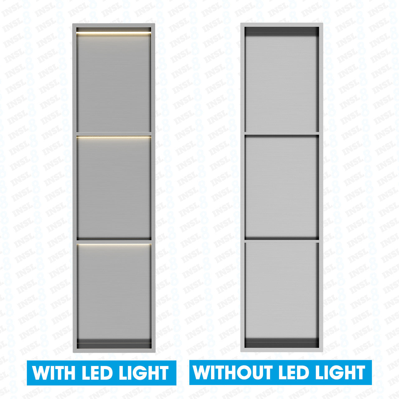 INSL8 Stainless Steel Brushed Steel Shower Niches – Shelved & Standard Options | With or Without LED Lighting