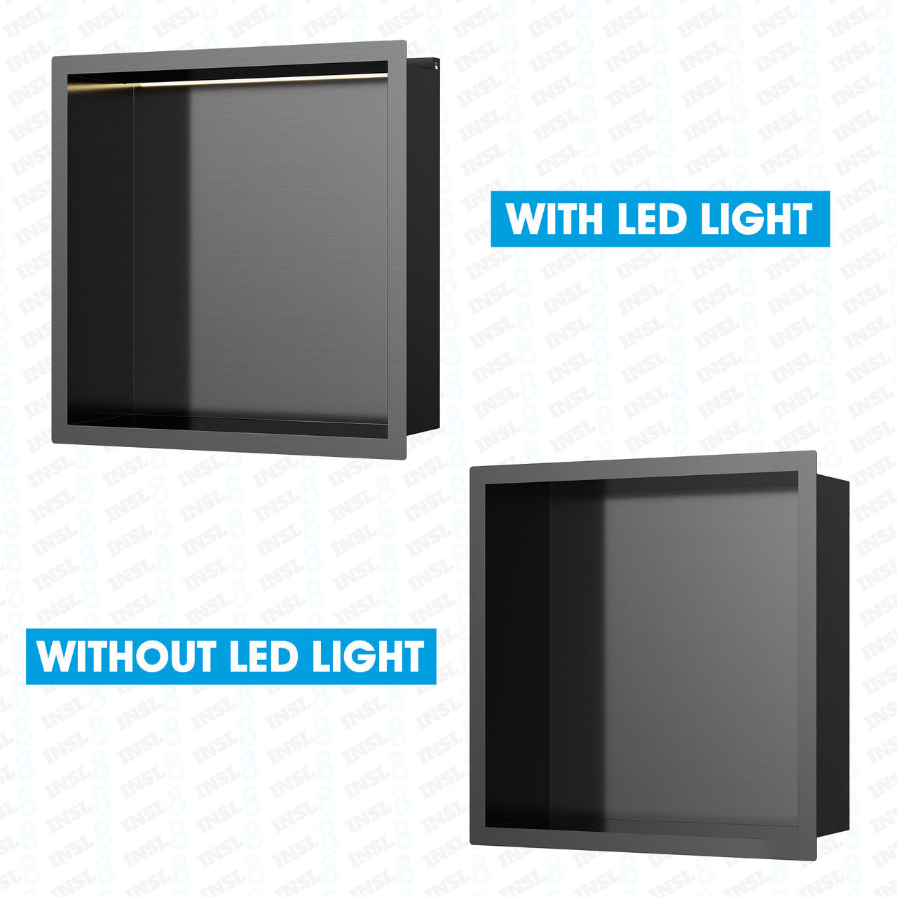 INSL8 Stainless Steel Gunmetal Black Shower Niches – Shelved & Standard Options | With or Without LED Lighting