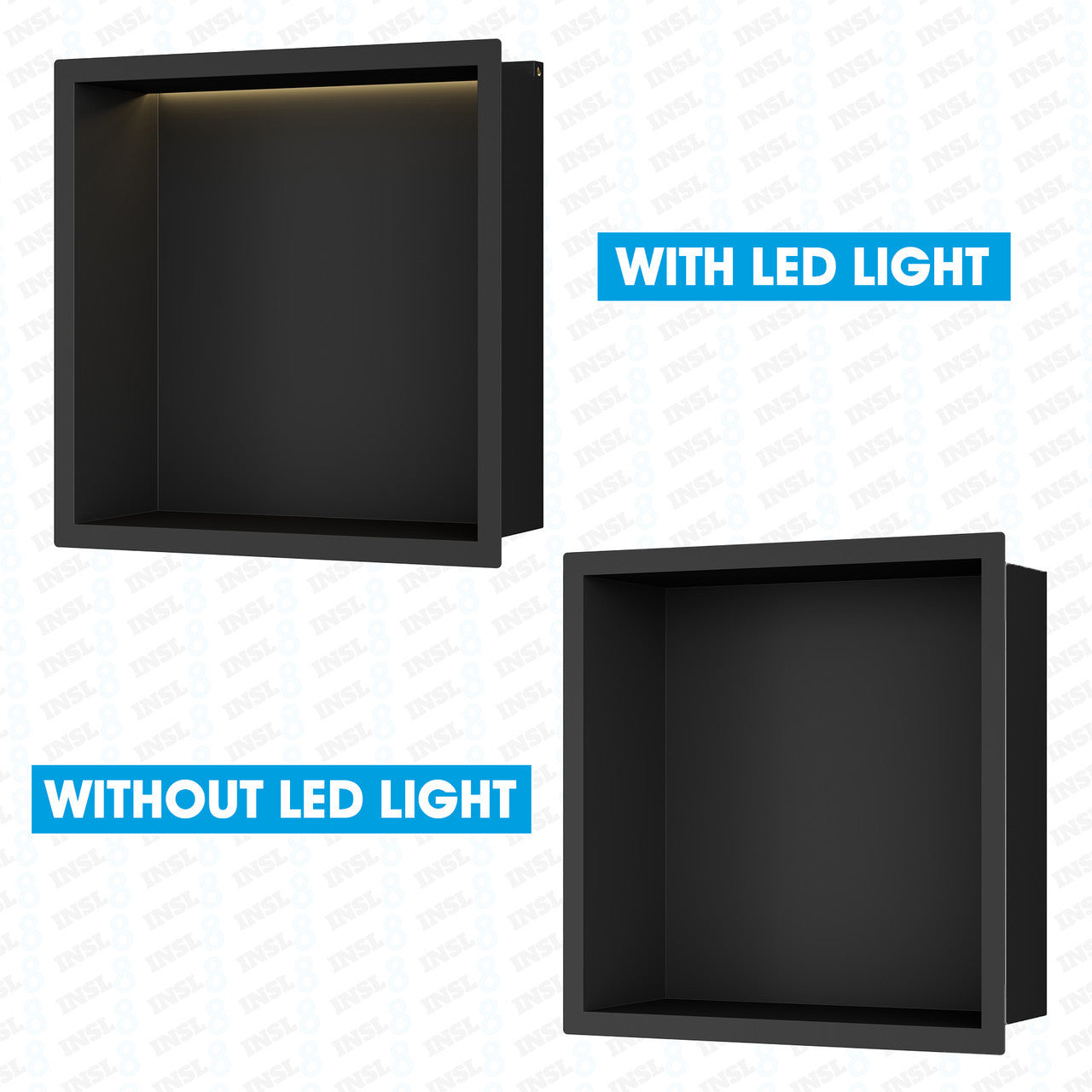 INSL8 Stainless Steel Matte Black Shower Niches – Shelved & Standard Options | With or Without LED Lighting