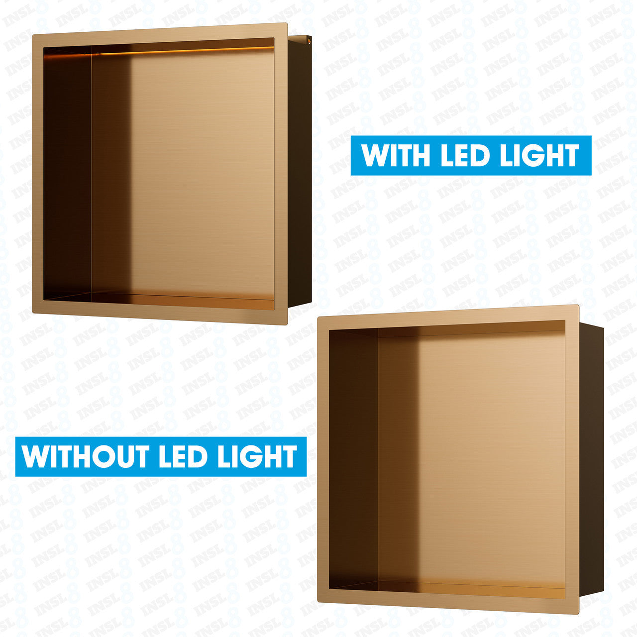 INSL8 Stainless Steel Rose Gold Shower Niches – Shelved & Standard Options | With or Without LED Lighting