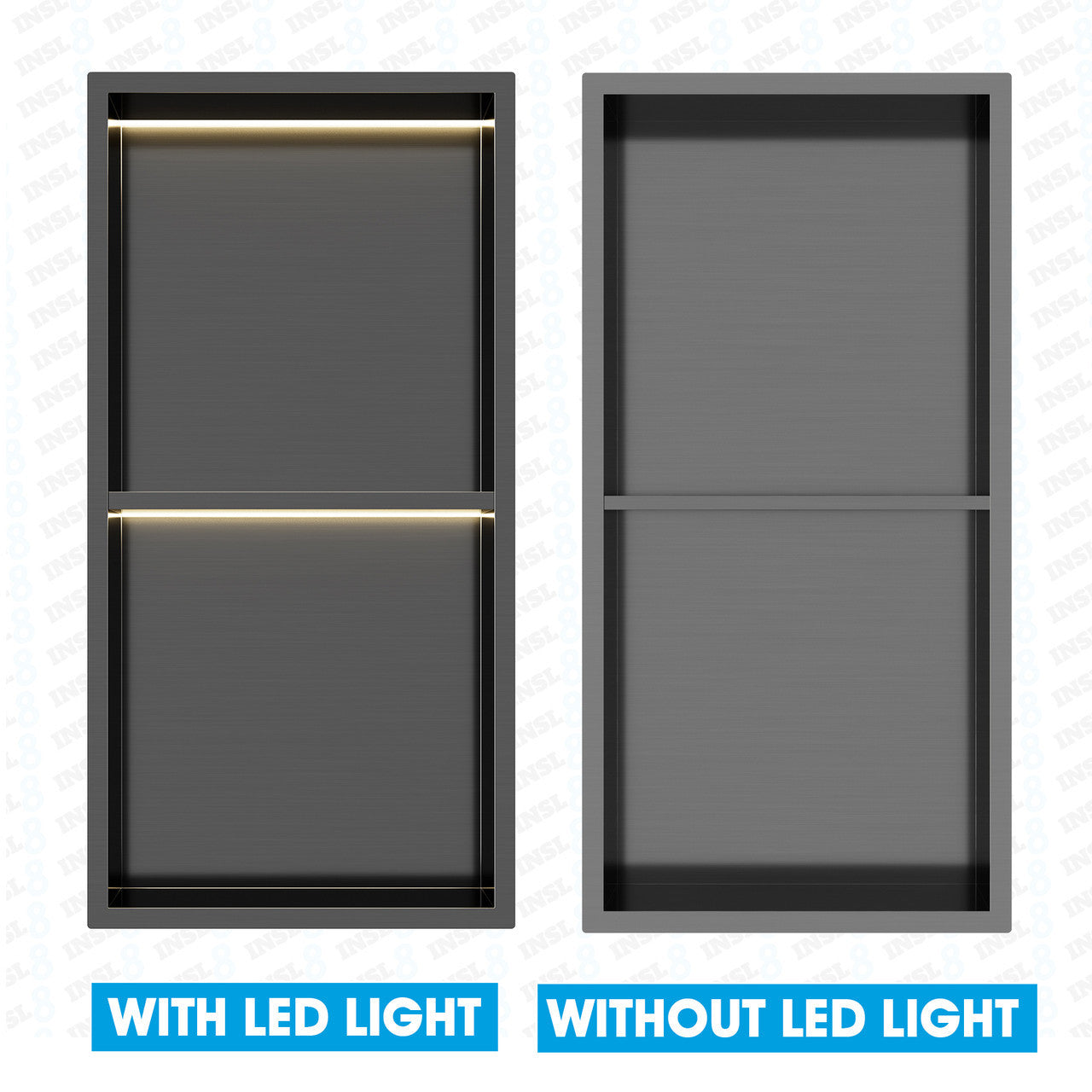 INSL8 Stainless Steel Gunmetal Black Shower Niches – Shelved & Standard Options | With or Without LED Lighting