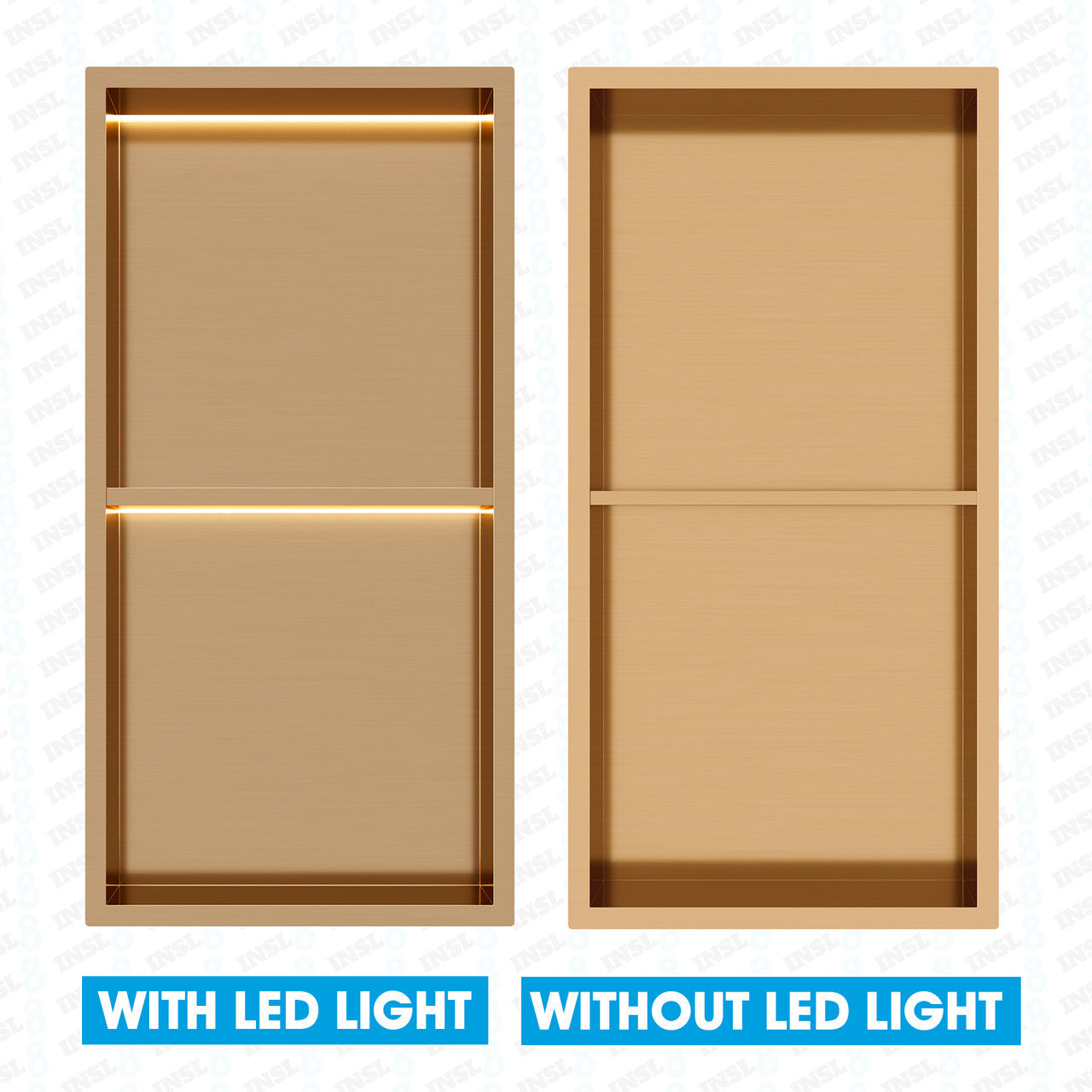 INSL8 Stainless Steel Rose Gold Shower Niches – Shelved & Standard Options | With or Without LED Lighting
