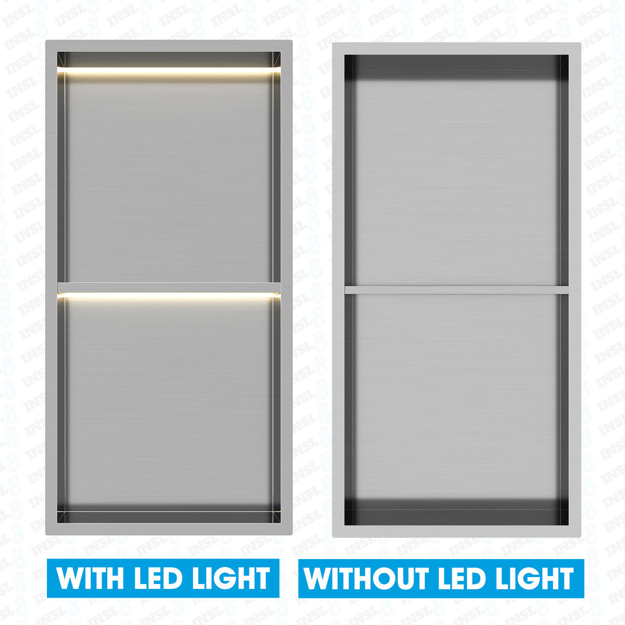 INSL8 Stainless Steel Brushed Steel Shower Niches – Shelved & Standard Options | With or Without LED Lighting