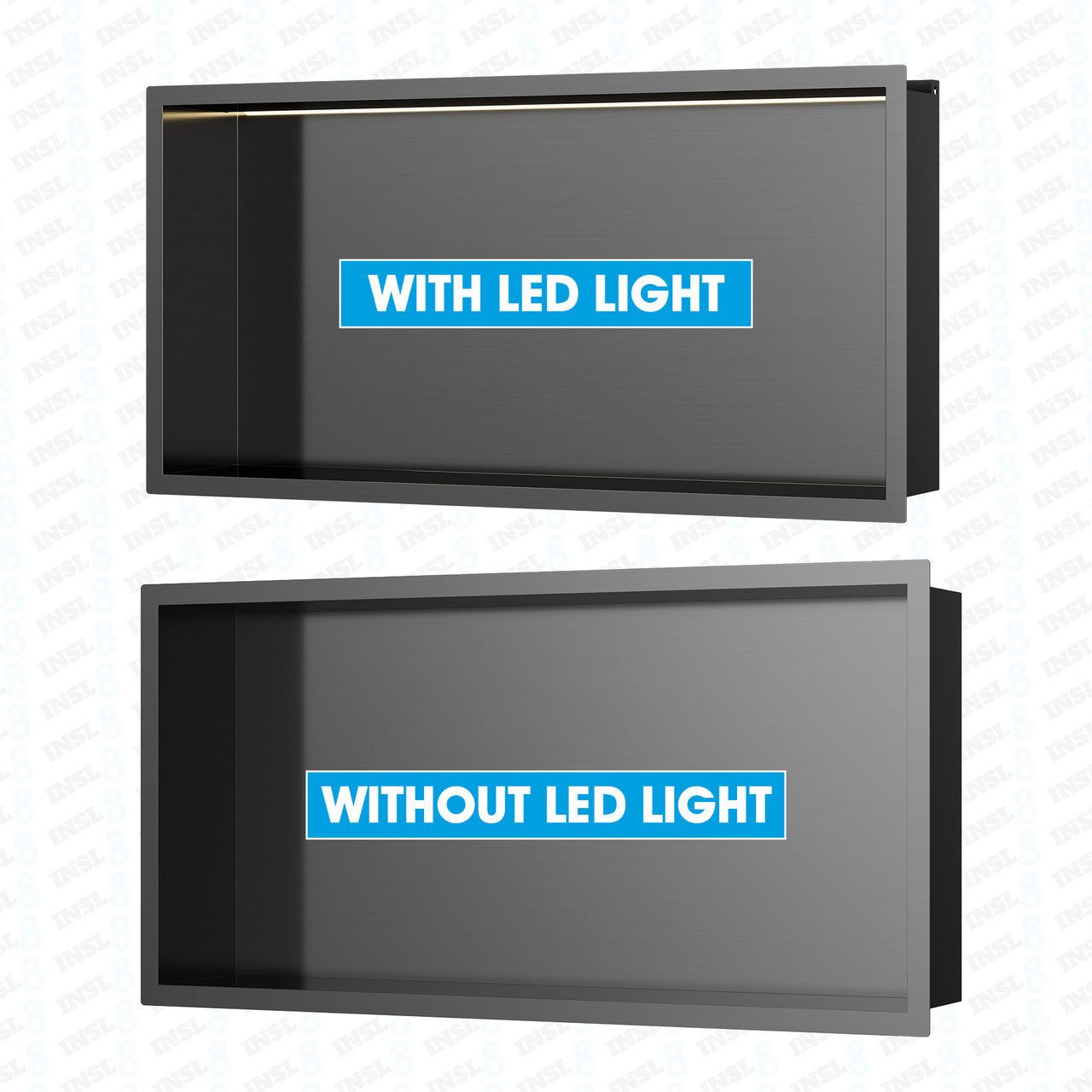 INSL8 Stainless Steel Gunmetal Black Shower Niches – Shelved & Standard Options | With or Without LED Lighting