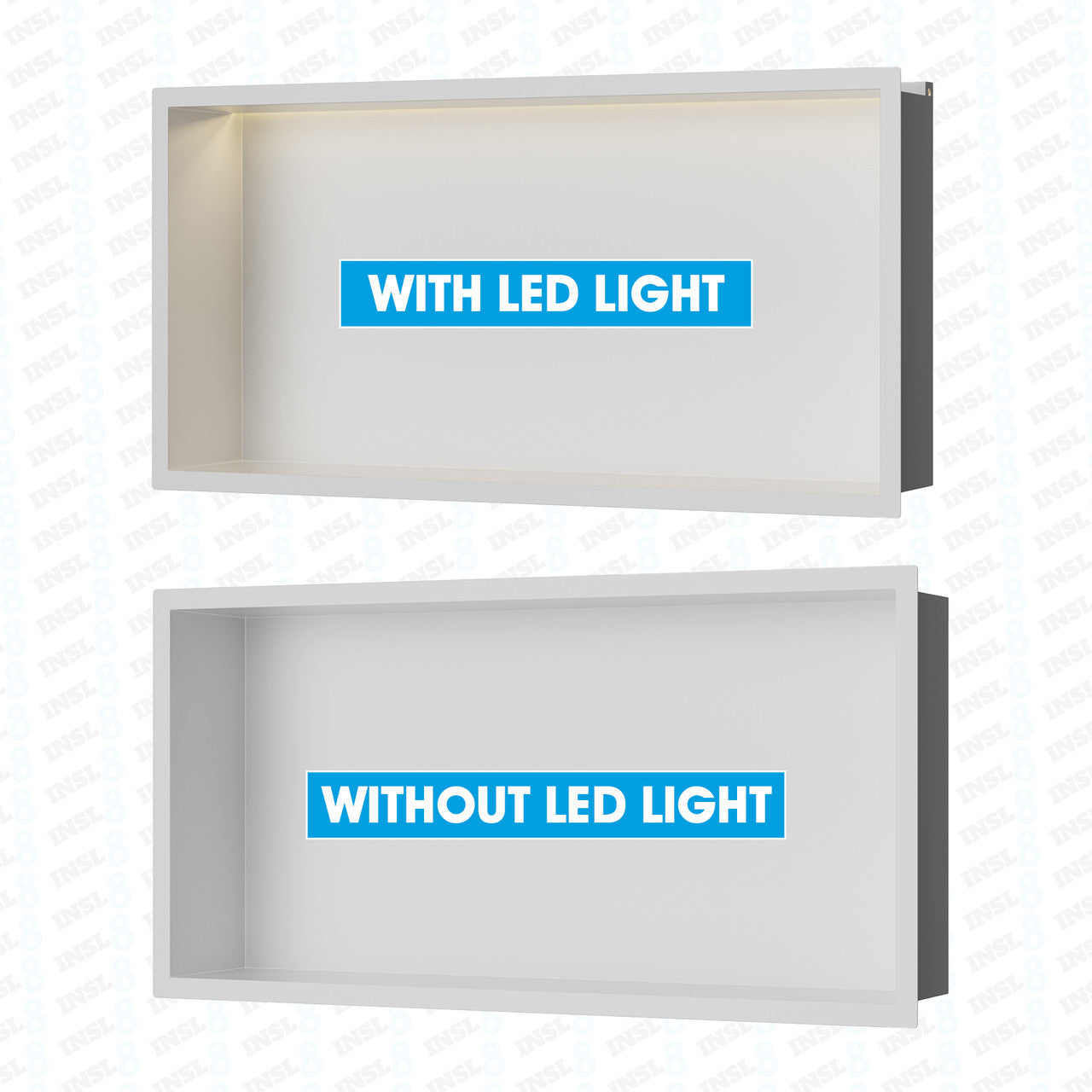 INSL8 Stainless Steel Matte White Shower Niches – Shelved & Standard Options | With or Without LED Lighting