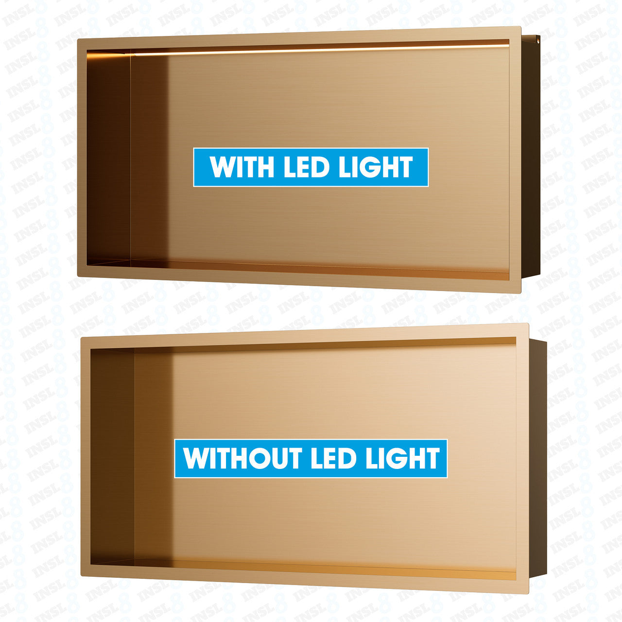 INSL8 Stainless Steel Rose Gold Shower Niches – Shelved & Standard Options | With or Without LED Lighting