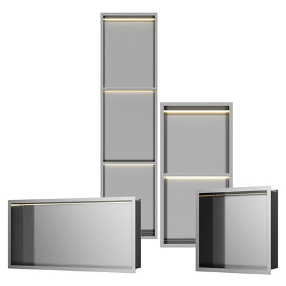 INSL8 Stainless Steel Brushed Steel Shower Niches – Shelved & Standard Options | With or Without LED Lighting