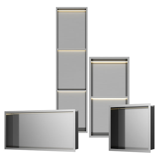 INSL8 Stainless Steel Brushed Steel Shower Niches – Shelved & Standard Options | With or Without LED Lighting