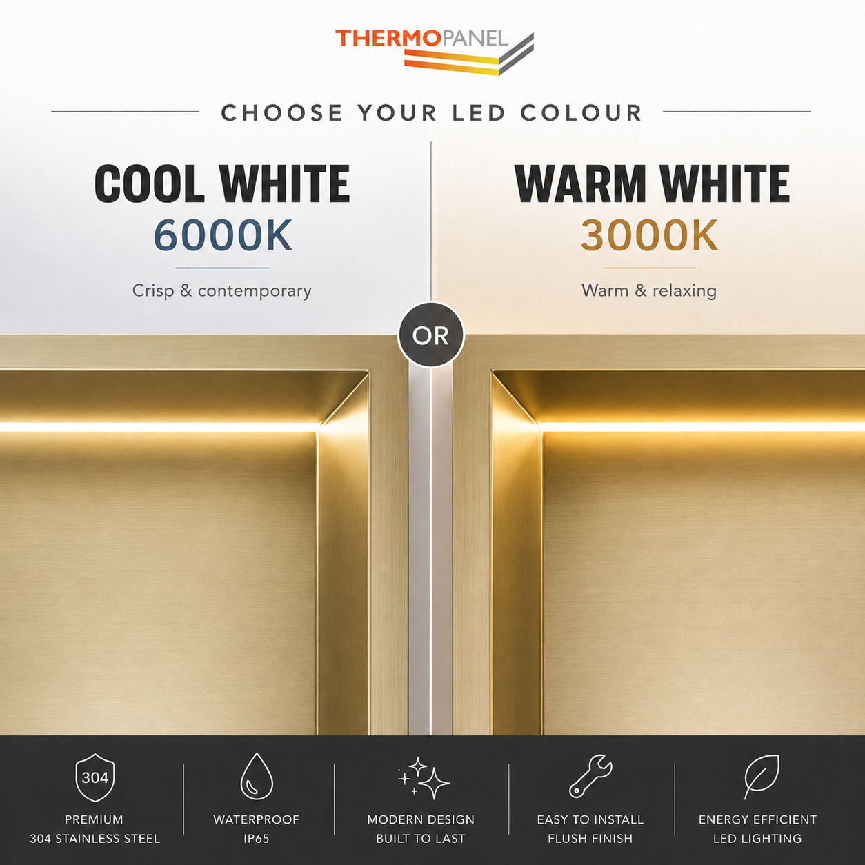 Thermopanel Brushed Brass LED Shower Niche | Stainless Steel Recessed Wall Niche