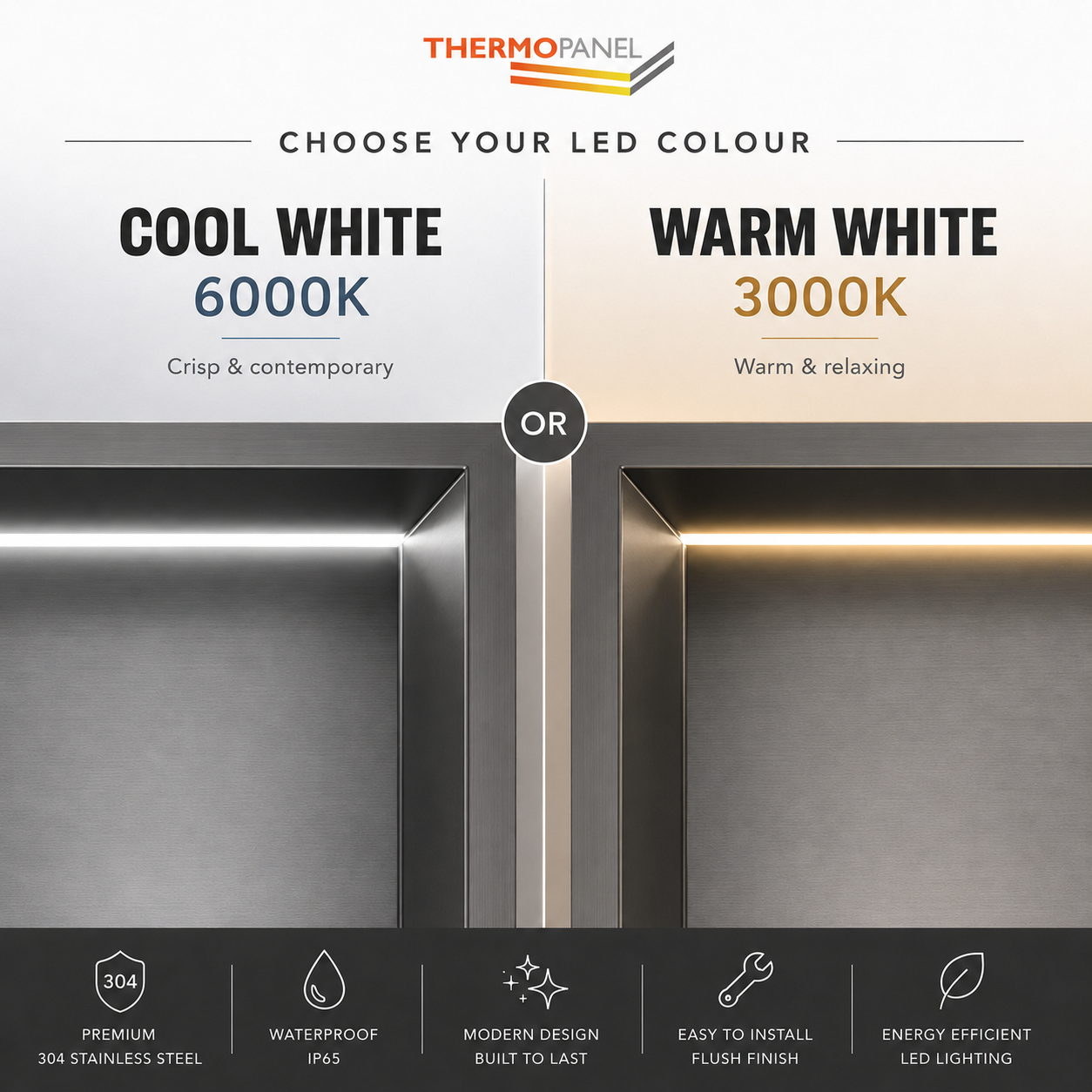 Thermopanel Gunmetal LED Shower Niche | Stainless Steel Recessed Wall Niche