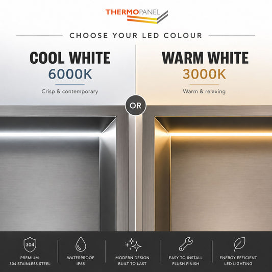Thermopanel Brushed Steel LED Shower Niche | Stainless Steel Recessed Wall Niche