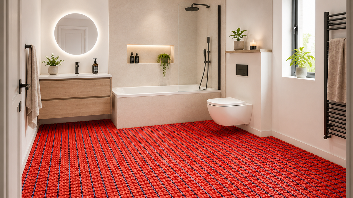 Electric underfloor heating with decoupling membrane in a bathroom