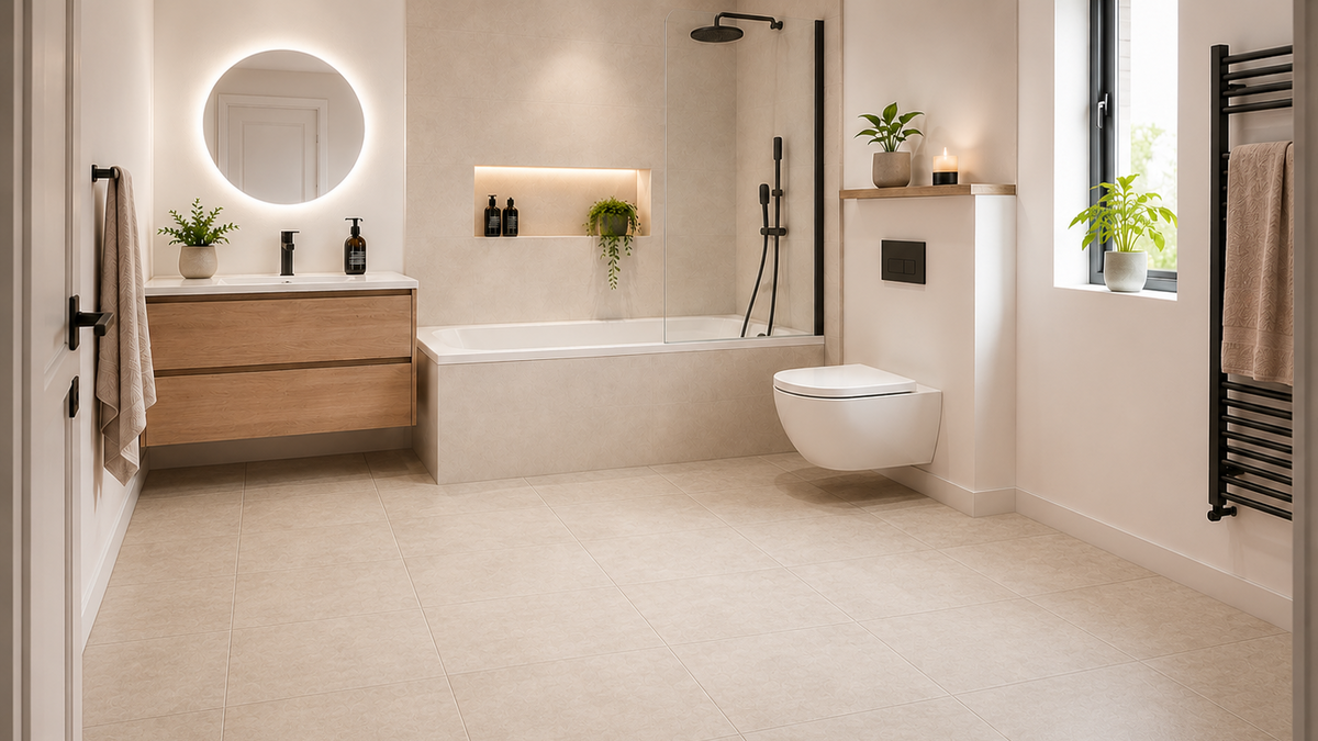Modern bathroom with a bathtub, sink, and toilet.