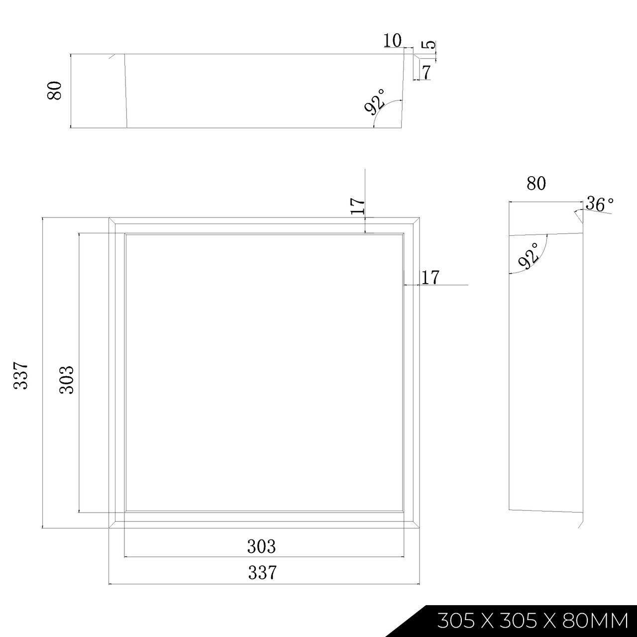 Thermopanel Stainless Steel Shower Niche with Optional LED - Matte Black (80mm Depth)