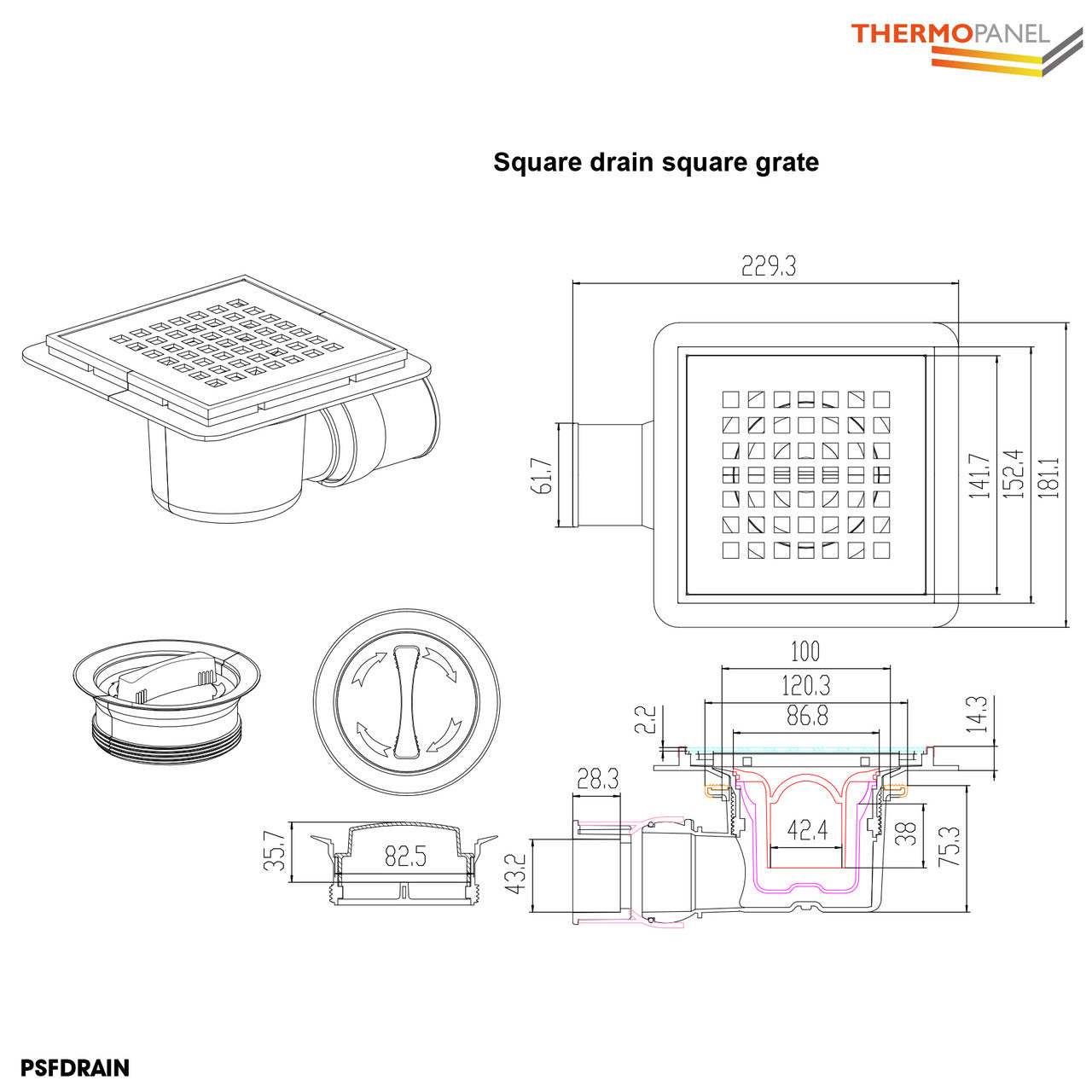 Thermopanel PSFDRAIN Shower Tray Drain Dimensions