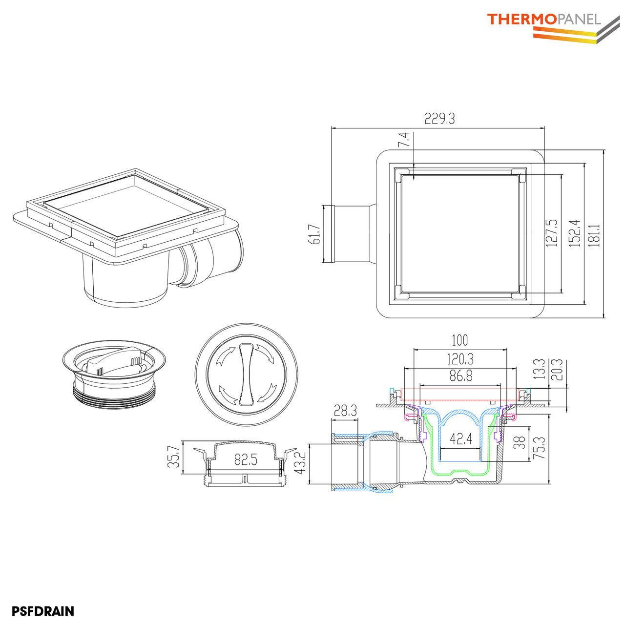 Thermopanel PSFDRAIN Shower Tray Drain Dimensions